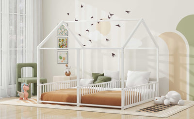 Metal Twin Size House Platform Beds, Two Shared Beds, White