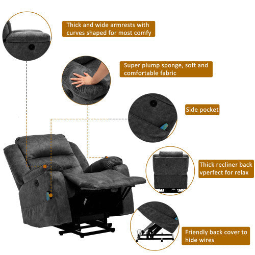Electric Power Lift Recliner Chair Sofa With Massage And Heat For Elderly 2 Side Pockets USB Ports Single Recliner Chairs For Living Room Overstuffed Breathable Fabric Reclining