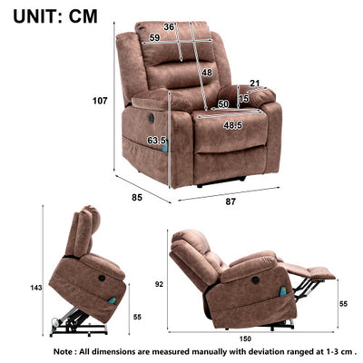 Electric Power Lift Recliner Chair Sofa With Massage And Heat For Elderly 2 Side Pockets USB Ports Single Recliner Chairs For Living Room Overstuffed Breathable Fabric Reclining